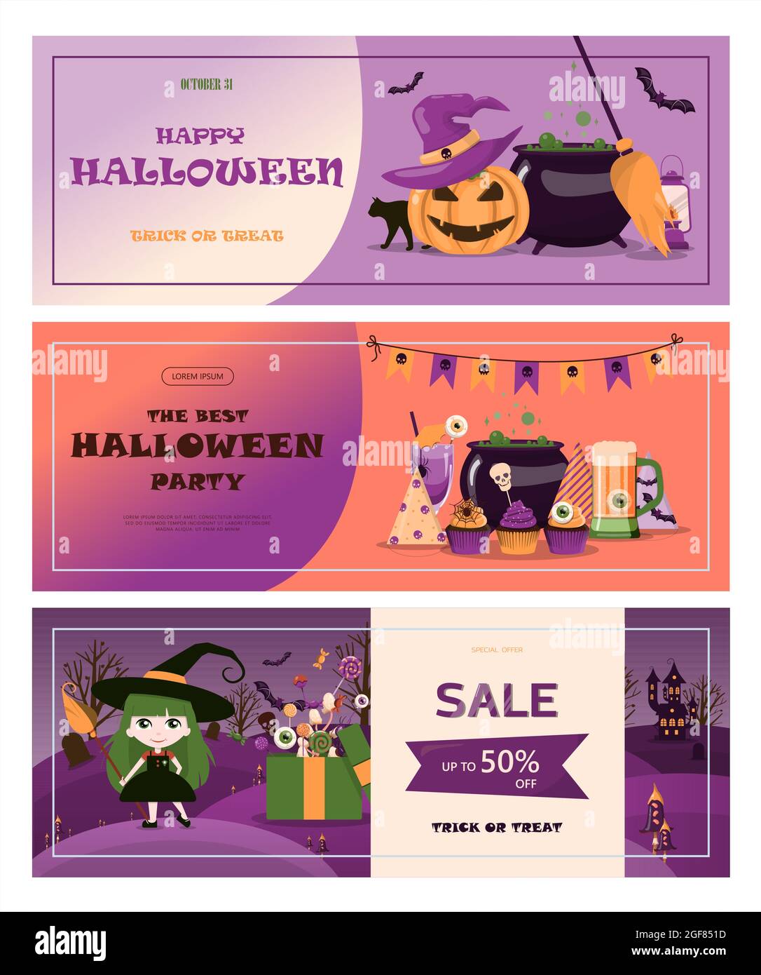 Banner vettoriale per Halloween Cartoon template design per annunci, vendite, inviti di festa Illustrazione Vettoriale