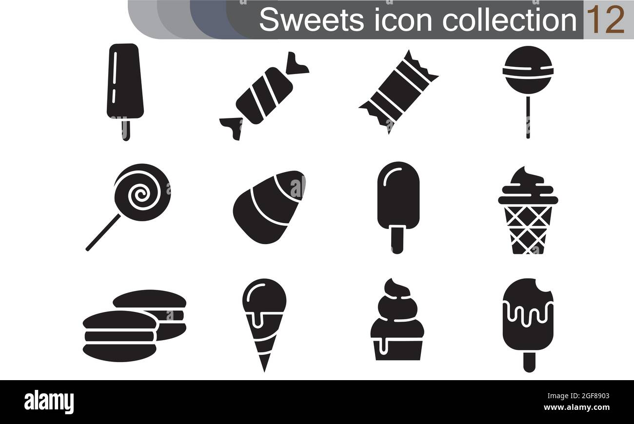 Set di icone dolci. Set di 12 icone Sweet Vector per il web isolato su sfondo bianco Illustrazione Vettoriale