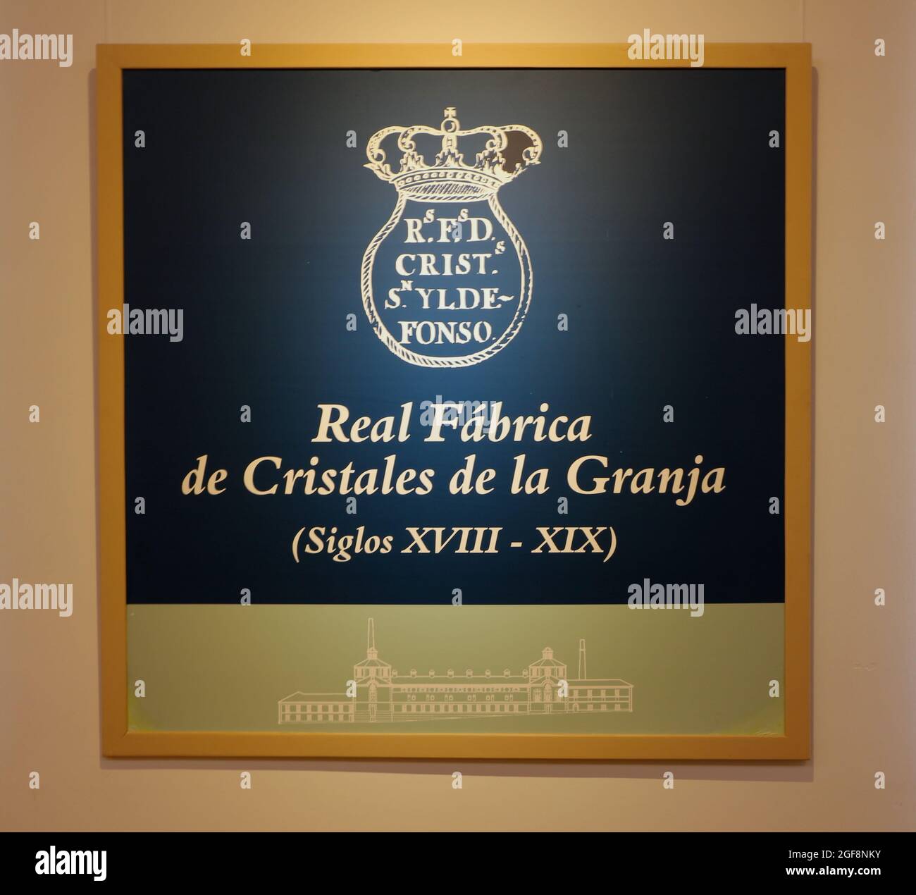 Cartello per il Museo del vetro Royal Glass Factory di la Granja Real Sitio de San Ildefonso Segovia Castiglia e Leon Spagna Foto Stock