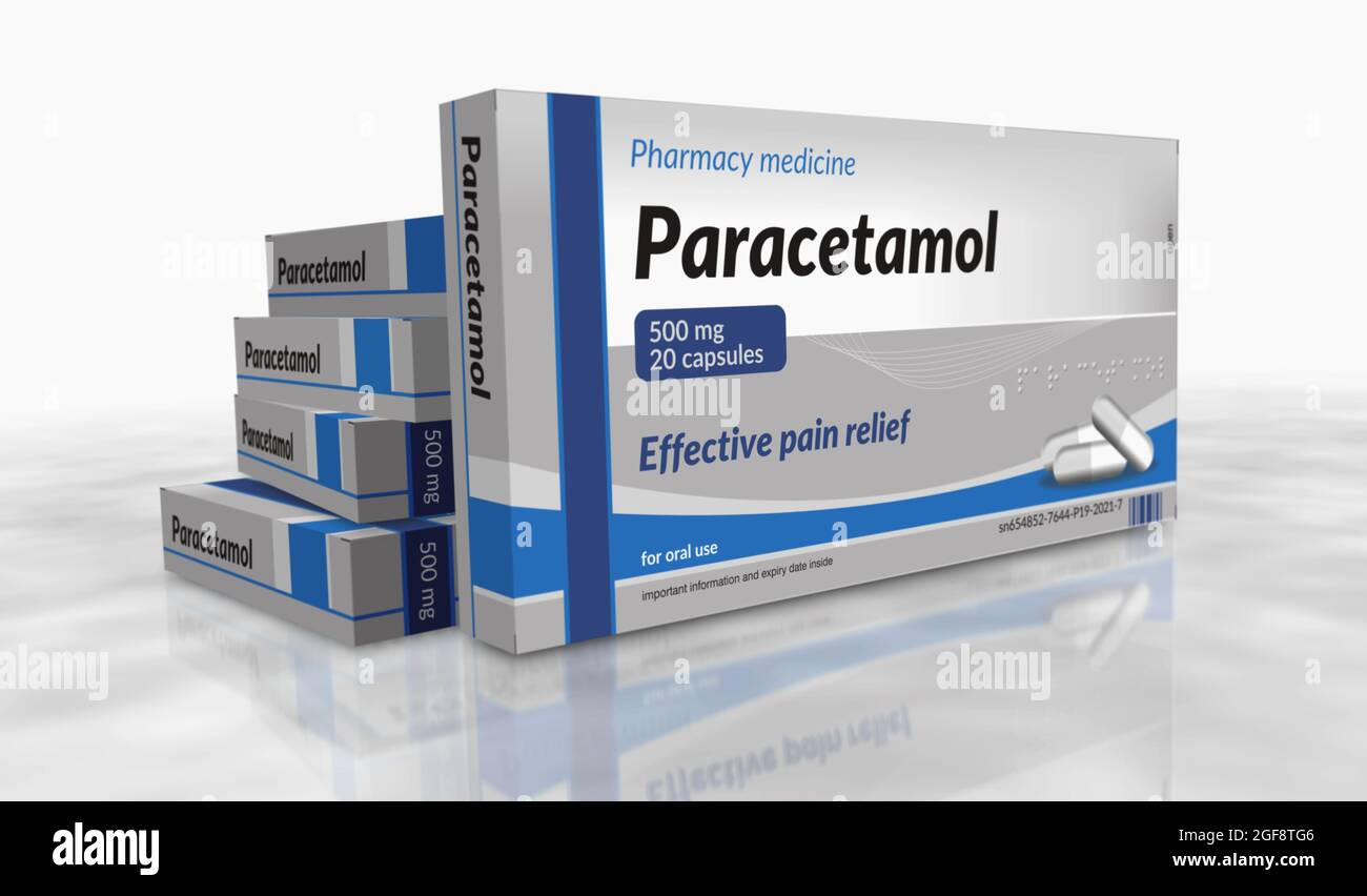 Linea di produzione di compresse di paracetamolo in scatola. Antidolorifico di emergenza, analgesico mal di testa e aiutare pillole mediche confezionare fabbrica. Concetto astratto rendering 3d i Foto Stock