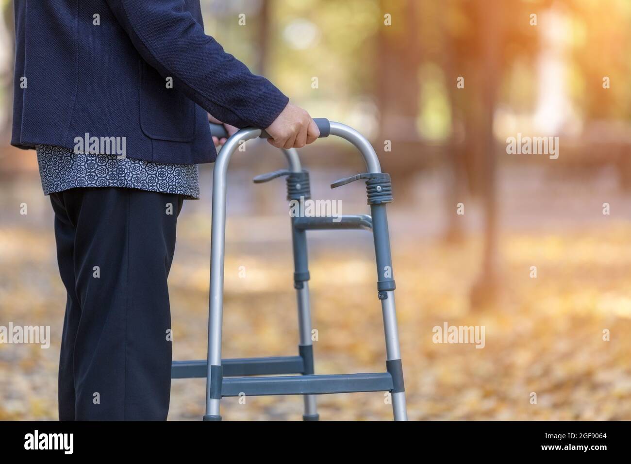 Donna con camminatore a piedi in autunno parco primo piano. Concentrarsi sulla sua mano. Foto Stock