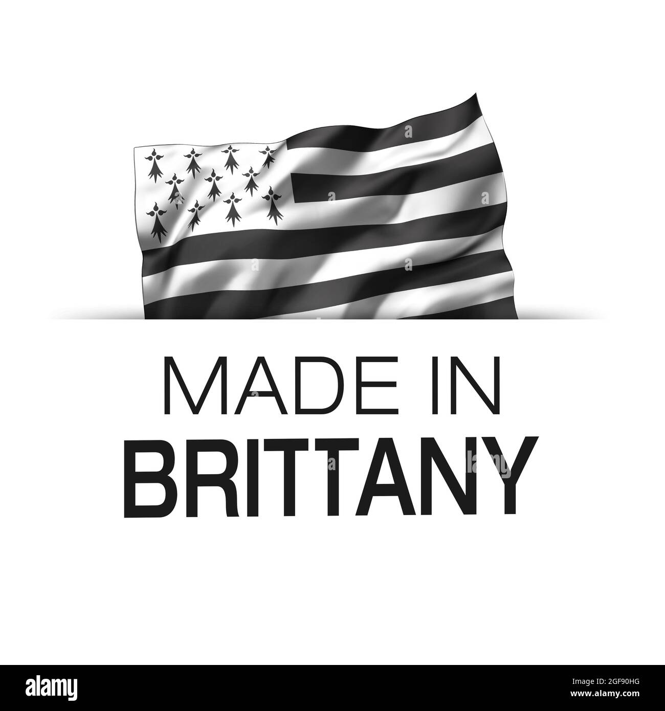 Fabbricato in Bretagna - etichetta di garanzia con bandiera ondulata della Bretagna. Illustrazione 3D. Foto Stock