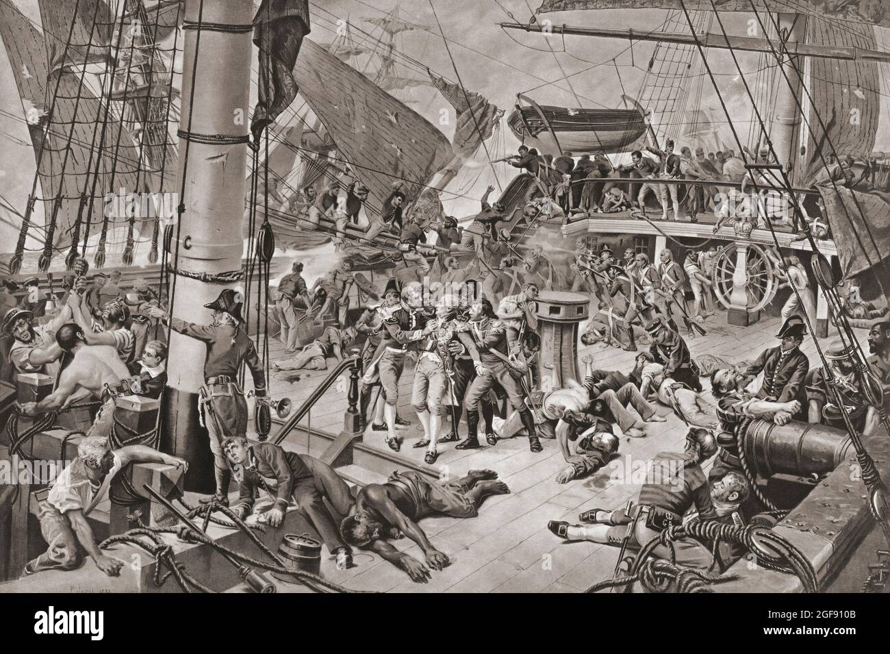 Nelson è ferito fatalmente durante la battaglia di Trafalgar, 21 ottobre 1805 durante le guerre napoleoniche. Horatio Nelson, Lord Nelson, Visconte Nelson, 1758 - 1805. Comandante navale britannico. Dopo un lavoro del 19 ° secolo di Paul Jazet. Foto Stock