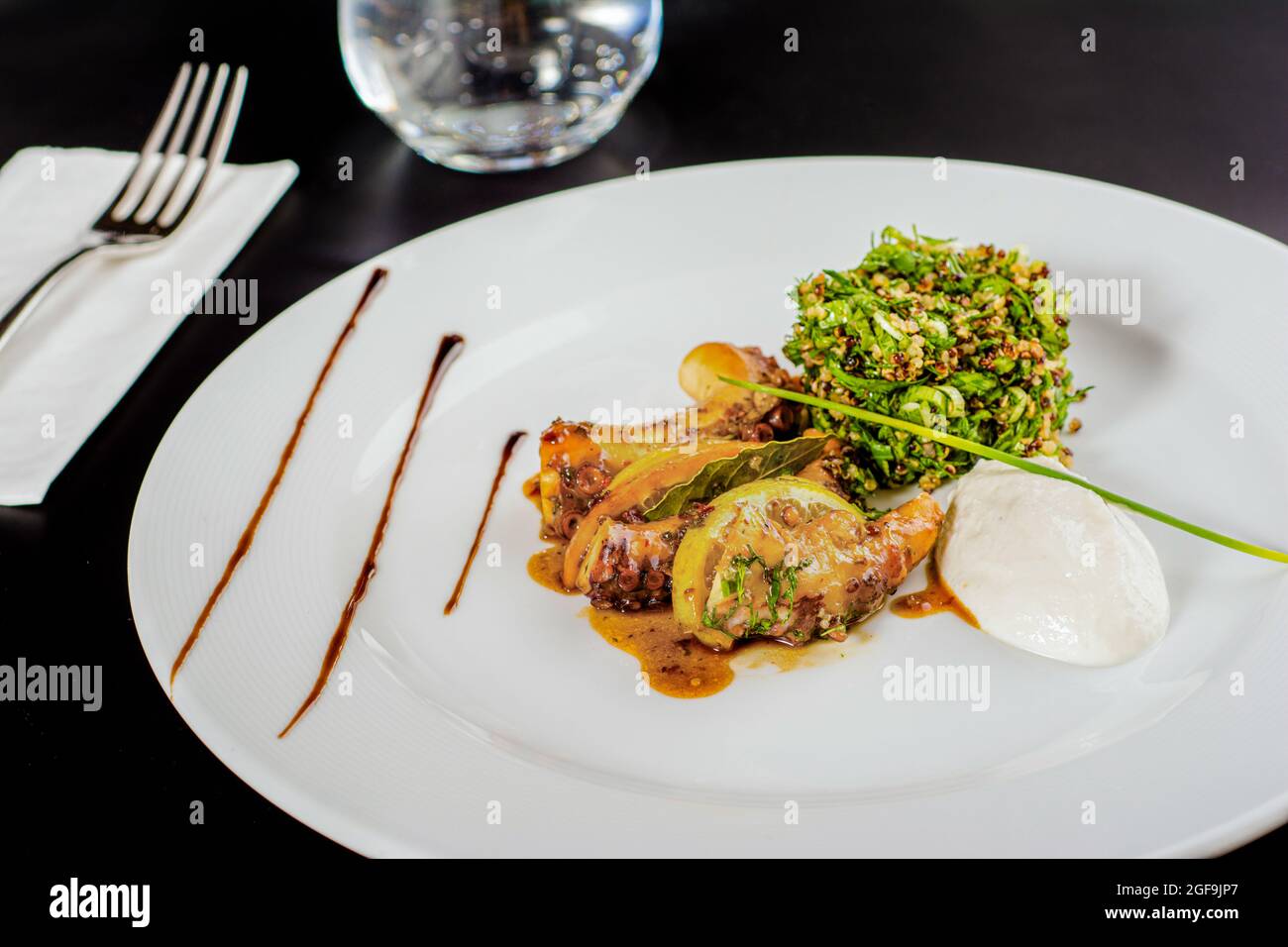 Polpo alla griglia con insalata di quinoa su un piatto di porcellana bianca. Foto Stock