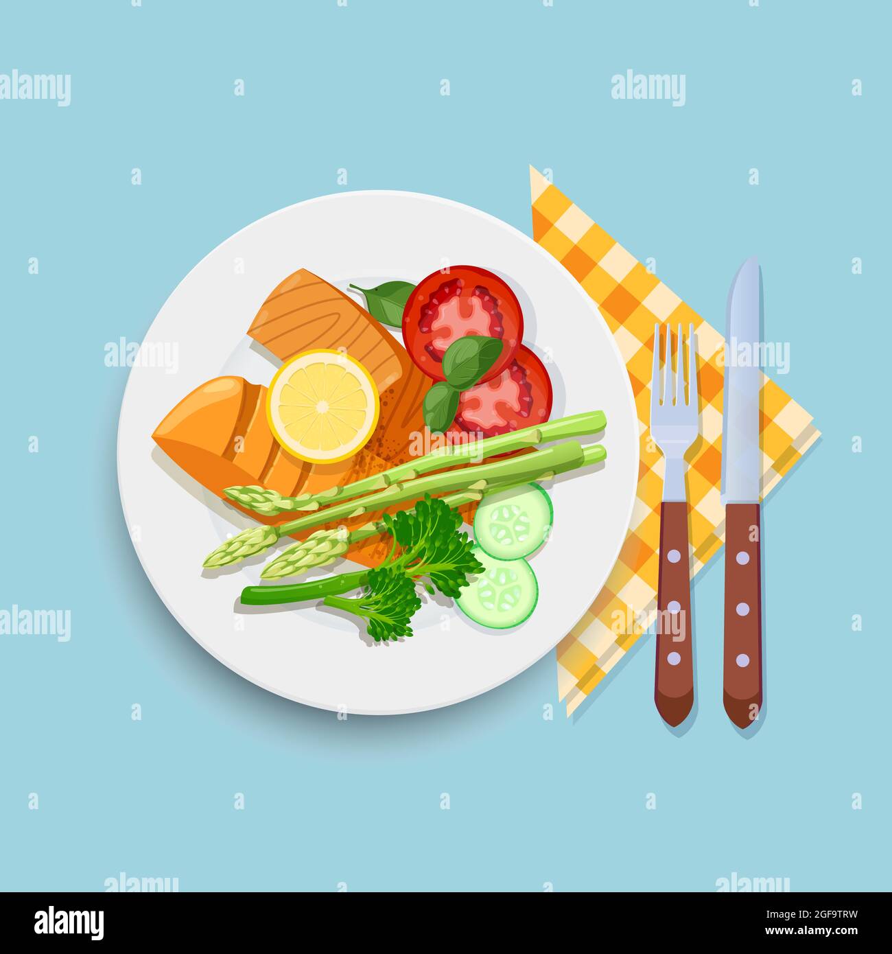 Salmone alla griglia con verdure sul piatto Illustrazione Vettoriale