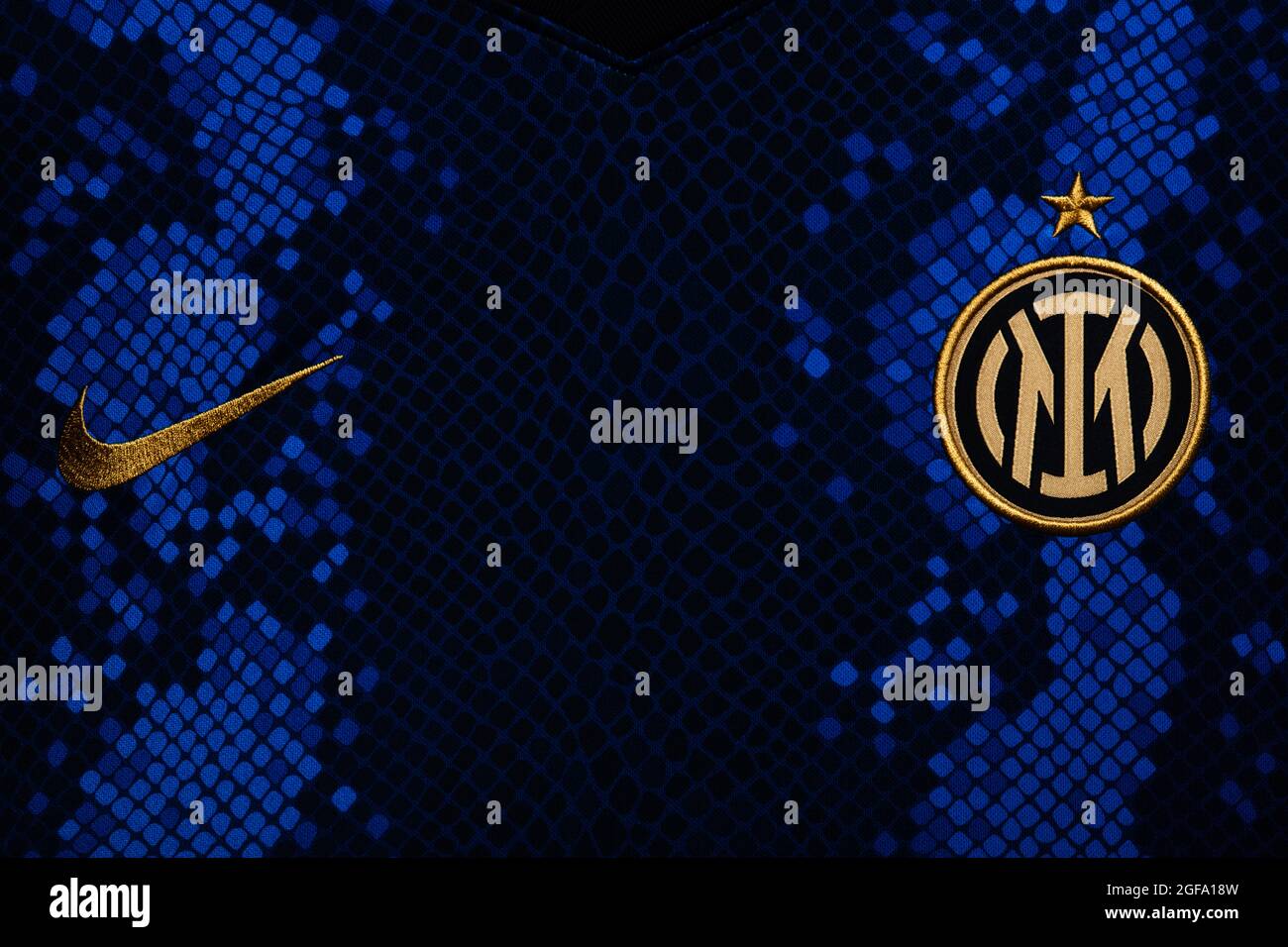 Primo piano della nuova F.C. Internazionale Milano cresta 2021/22 Foto Stock