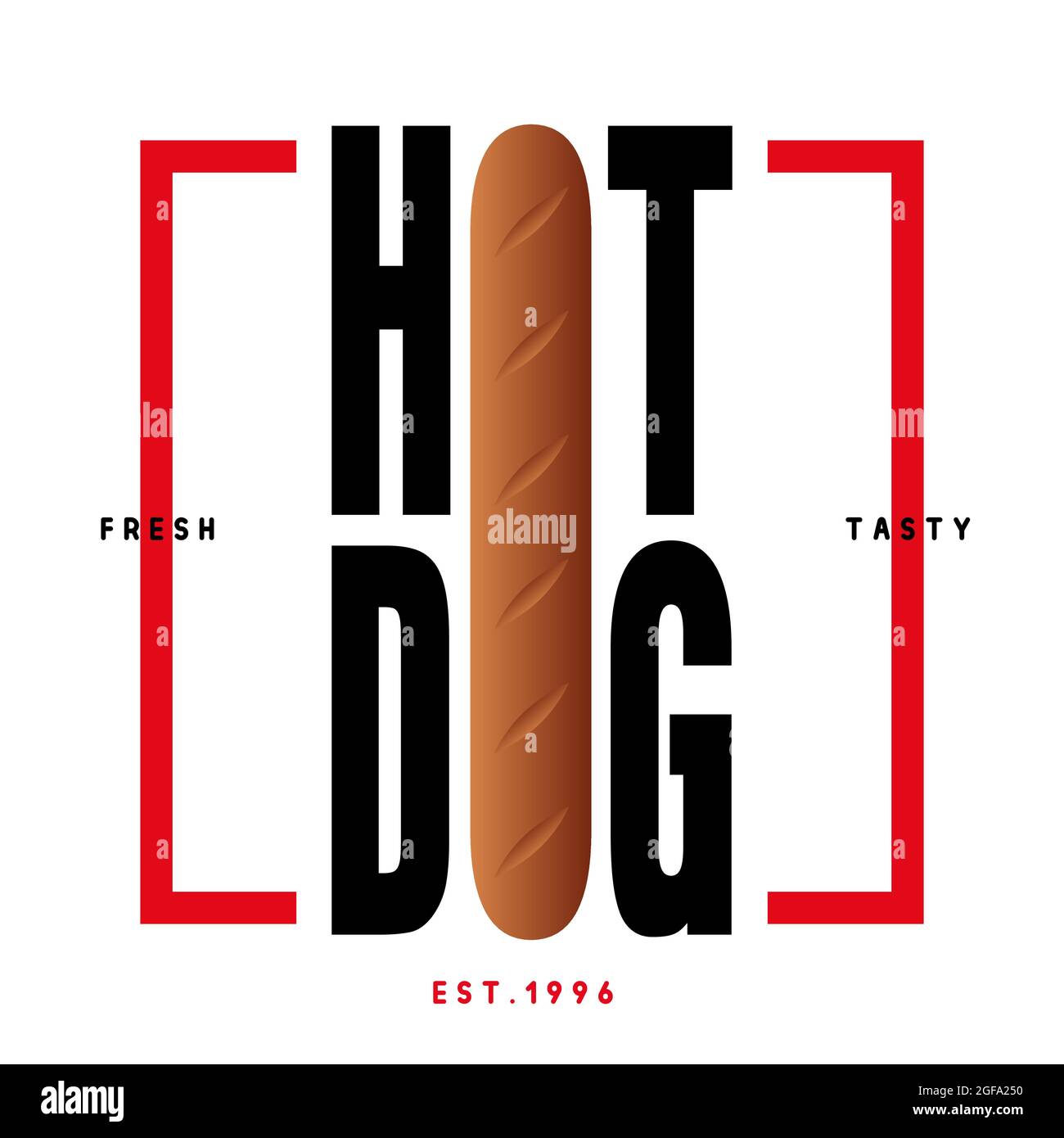 Modello con logo, adesivi hot dog francesi o statunitensi. Illustrazione Vettoriale