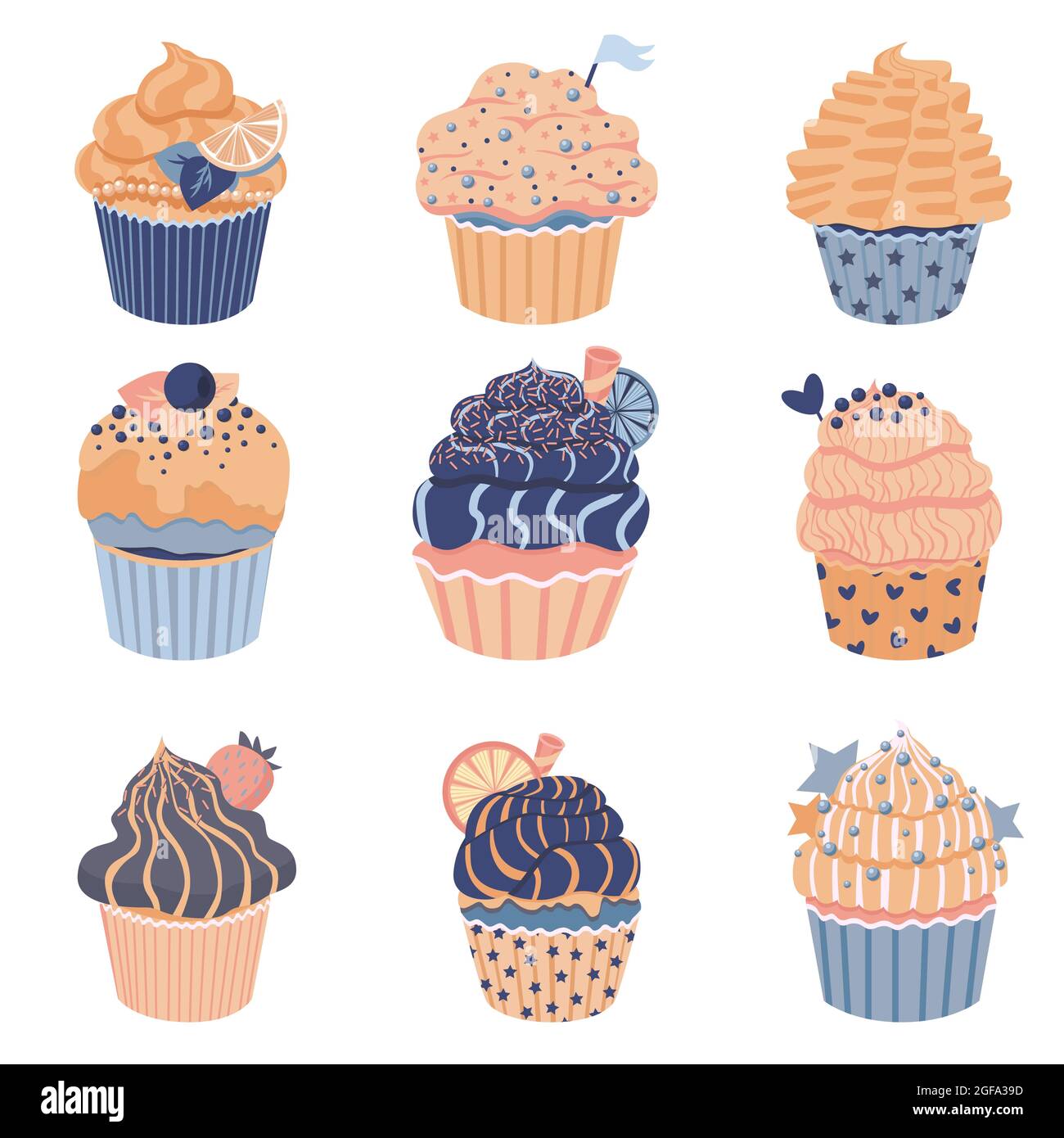 Set di graziosi cupcake con panna e bacche. Delizioso dessert con decor diverso. Il pastello blu spolvera la collezione di muffin. Vettore Illustrazione Vettoriale