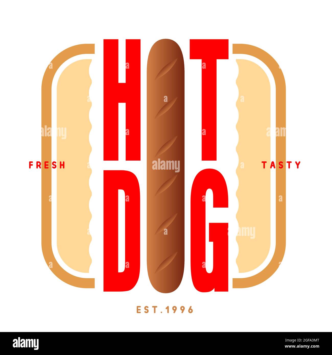 Modello con logo, adesivi hot dog francesi o statunitensi. Concetto di Street food Illustrazione Vettoriale