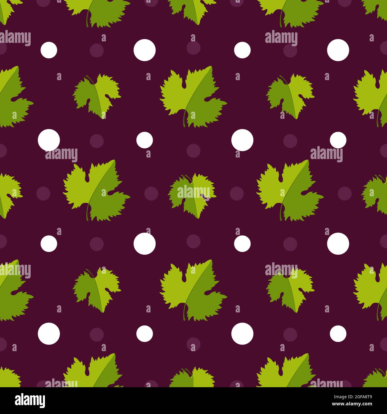 Foglie verdi di uva e cerchi bianchi su fondo rosso. Sfondo senza giunture. Stampa per tessuti, abbigliamento, tessuti, carta da imballaggio Illustrazione Vettoriale