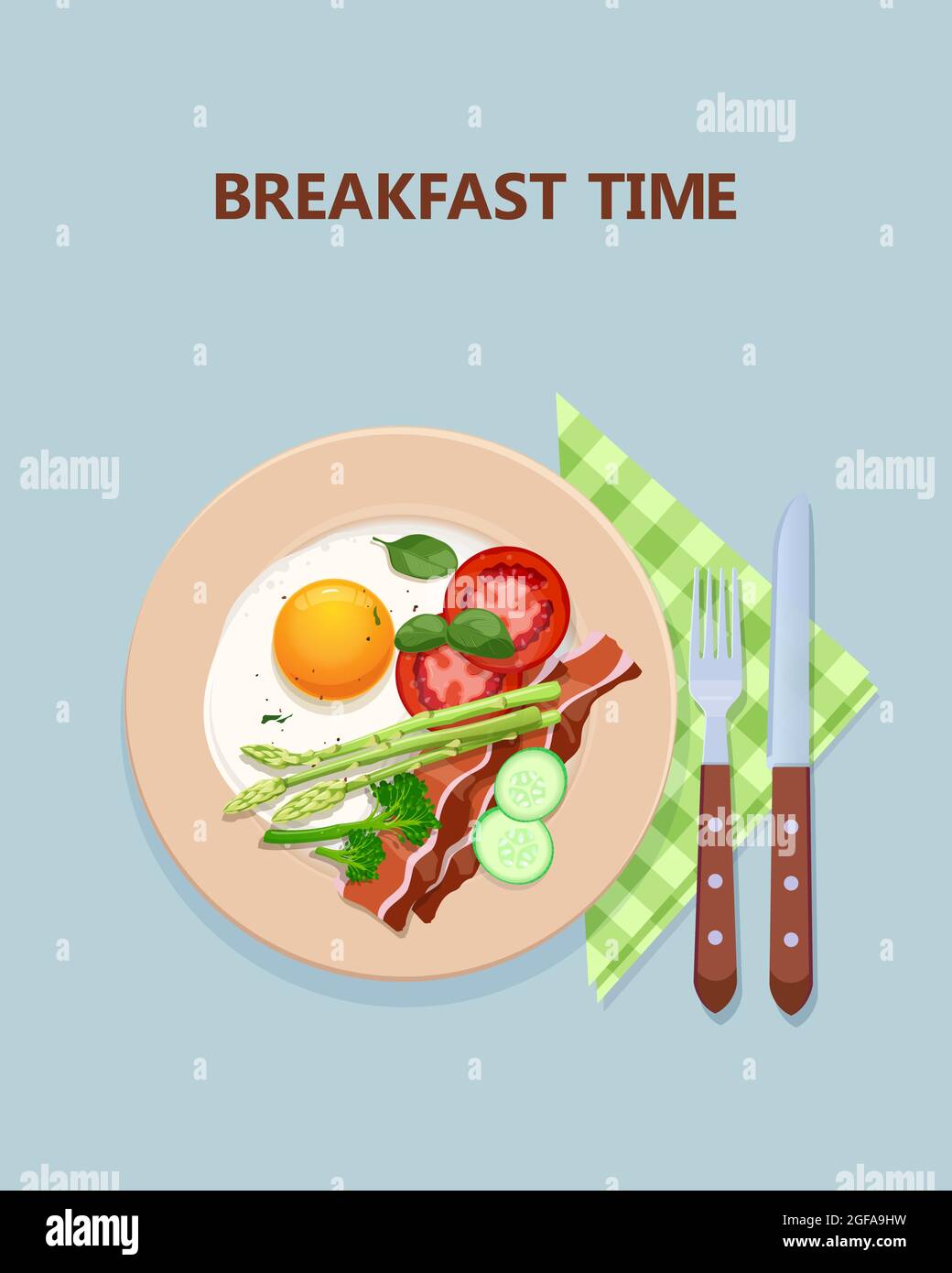 Poster del tempo della colazione con uova strapazzate e verdure Illustrazione Vettoriale