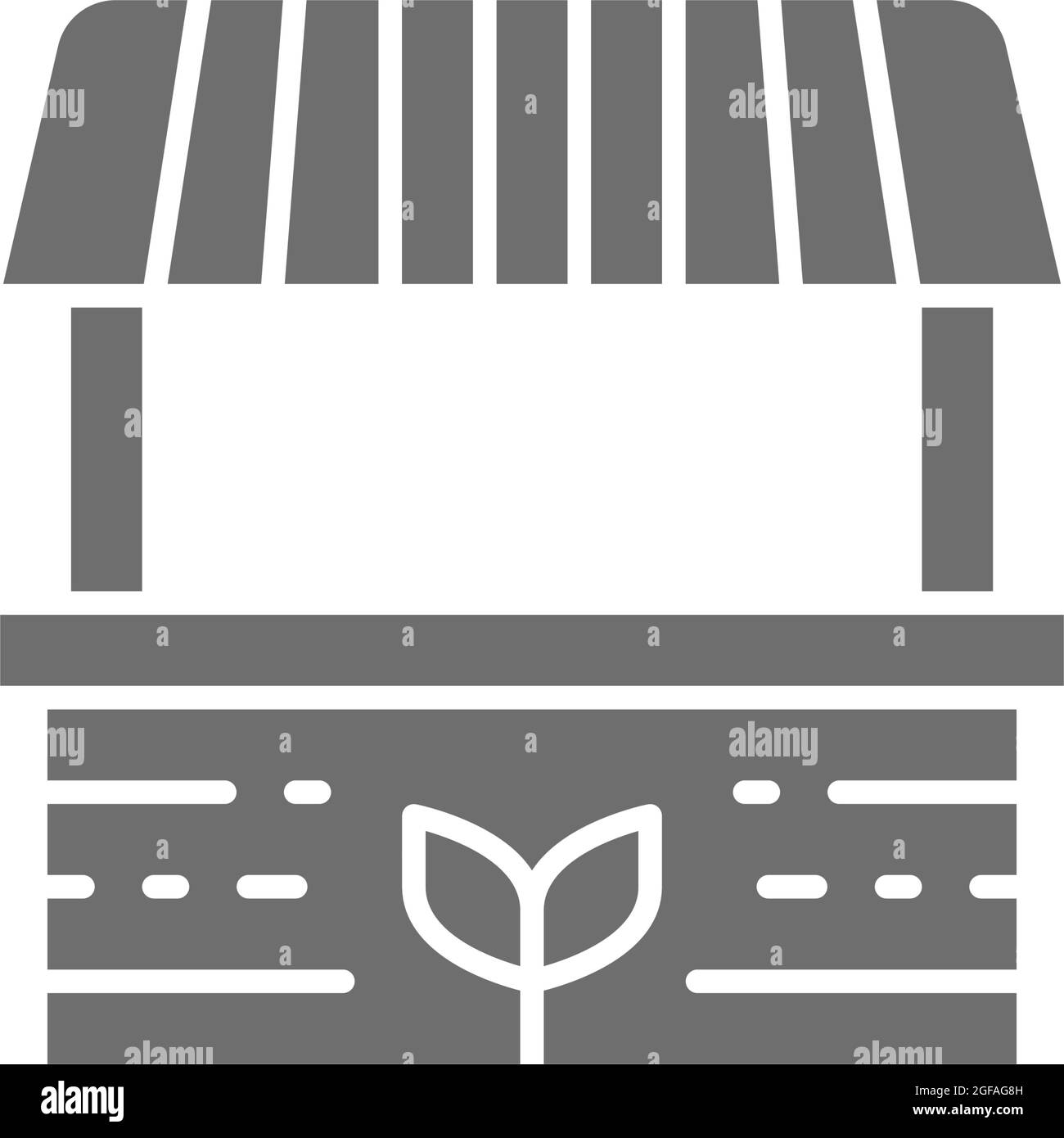 Stalla contadina, mercato alimentare, tenda a strisce icona grigia. Illustrazione Vettoriale
