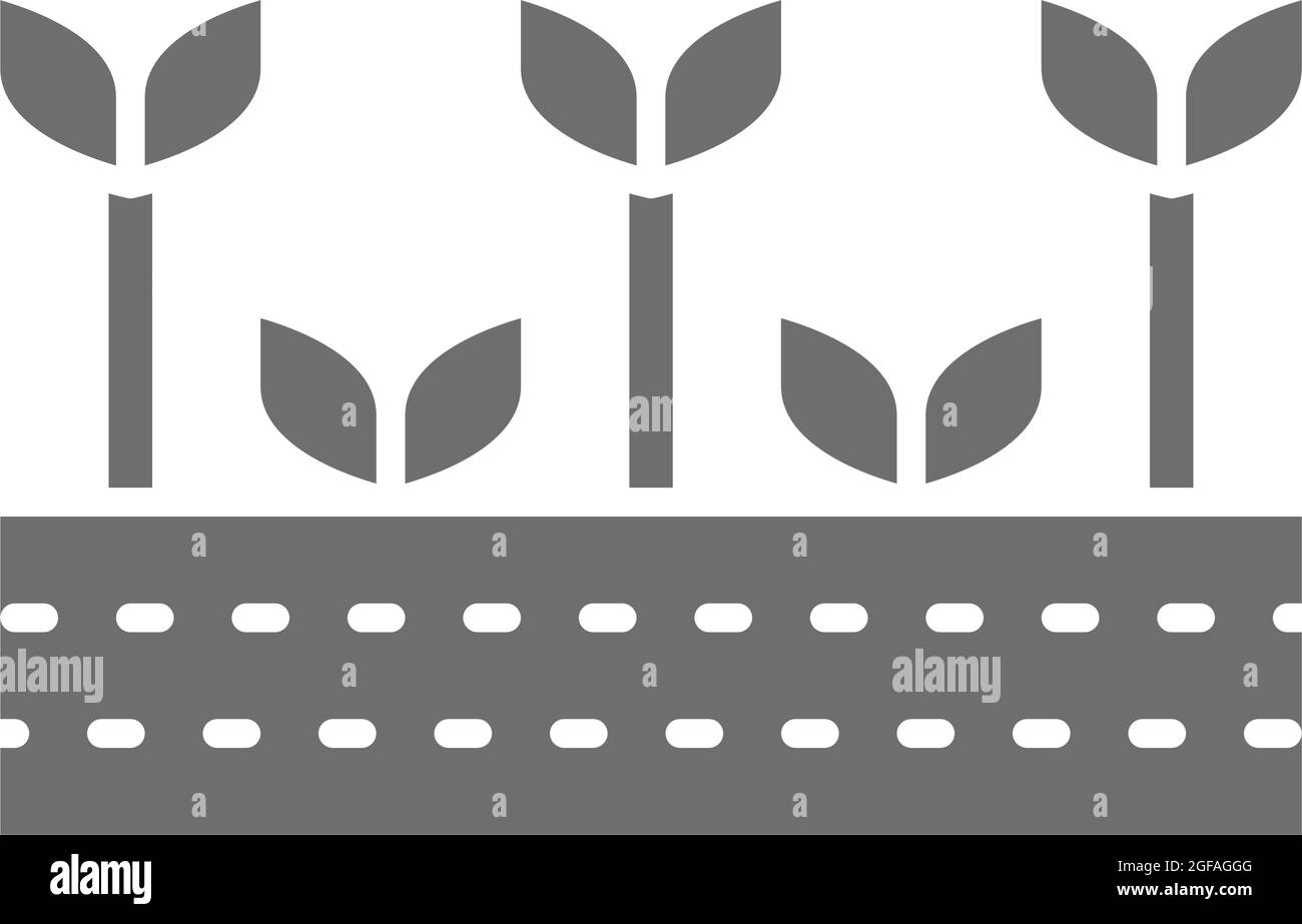 Campo con piante, terreno agricolo, giardino, paesaggio agricolo icona grigia. Illustrazione Vettoriale