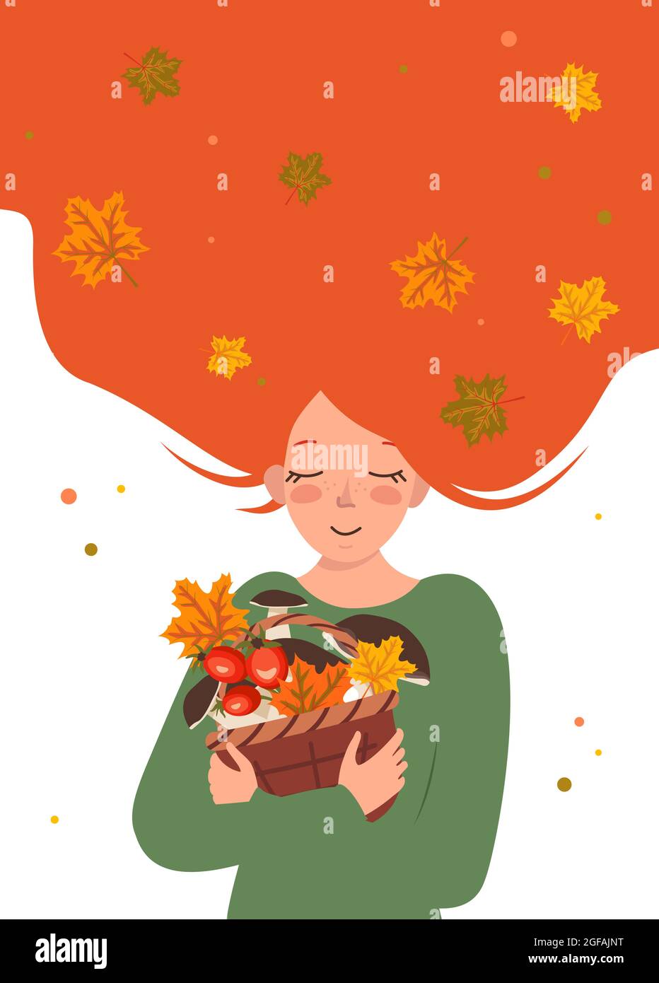 Una giovane donna con capelli rossi abbraccia un cesto di funghi e foglie di trifoglio. La ragazza felice aspetta l'autunno. Cura e amore per la natura e il mondo Illustrazione Vettoriale