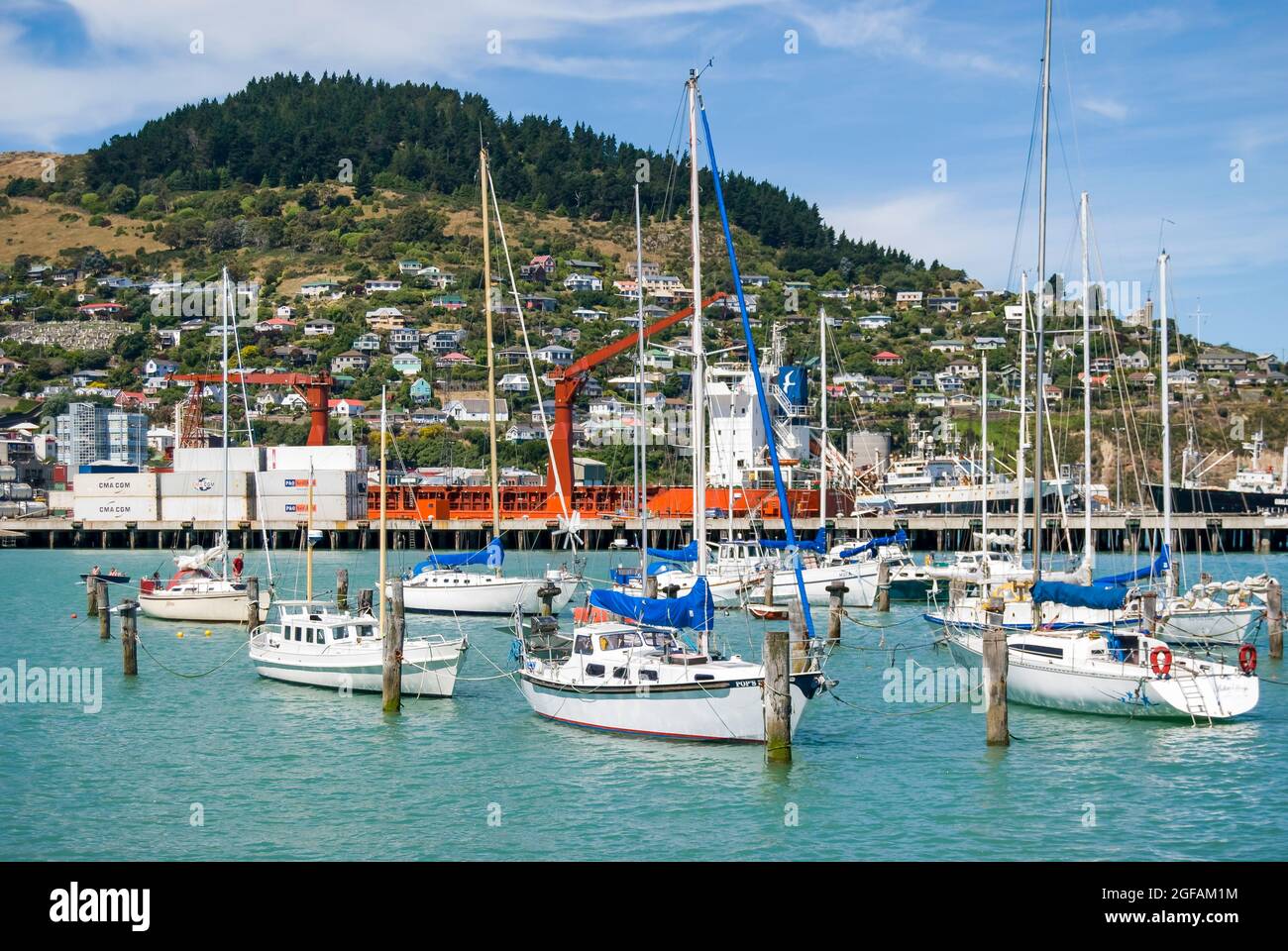 Vista del porto e del porto turistico, Lyttelton Harbour, Lyttelton, Banks Peninsula, Canterbury, Nuova Zelanda Foto Stock