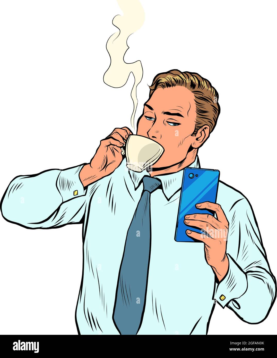 uomo d'affari che beve caffè del mattino e smartphone di lettura, routine quotidiana Illustrazione Vettoriale