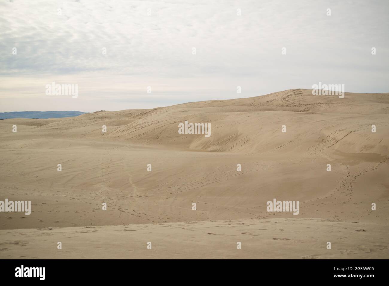 Dune di sabbia, nessuna gente, nessuna vegetazione, una montagna grigia in lontananza. Foto Stock