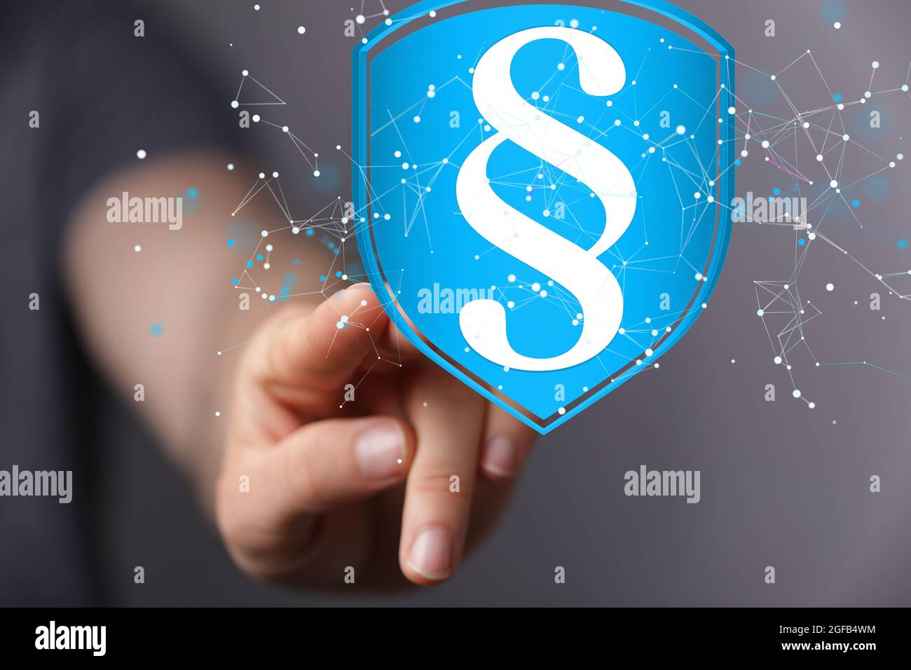 Simbolo di legge e giustizia 3D fluttuante in uno scudo blu Foto Stock Simbolo di legge e giustizia 3D fluttuante in uno scudo blu Foto Stock