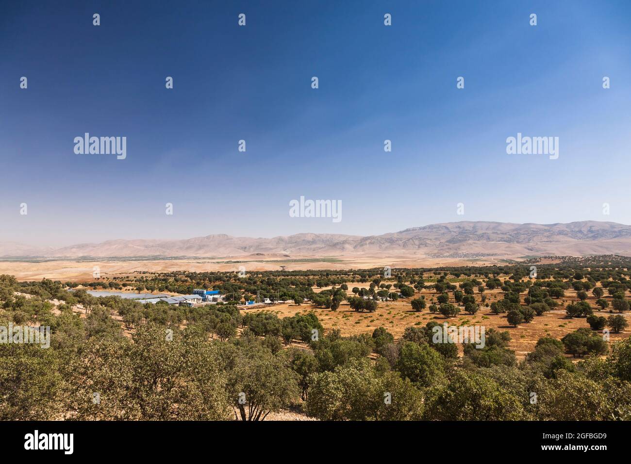 Campo agricolo e villaggio in altopiano, strada reale persiana, Alessandro il grande, vicino Dalin, provincia di Fars, Iran, Persia, Asia occidentale, Asia Foto Stock