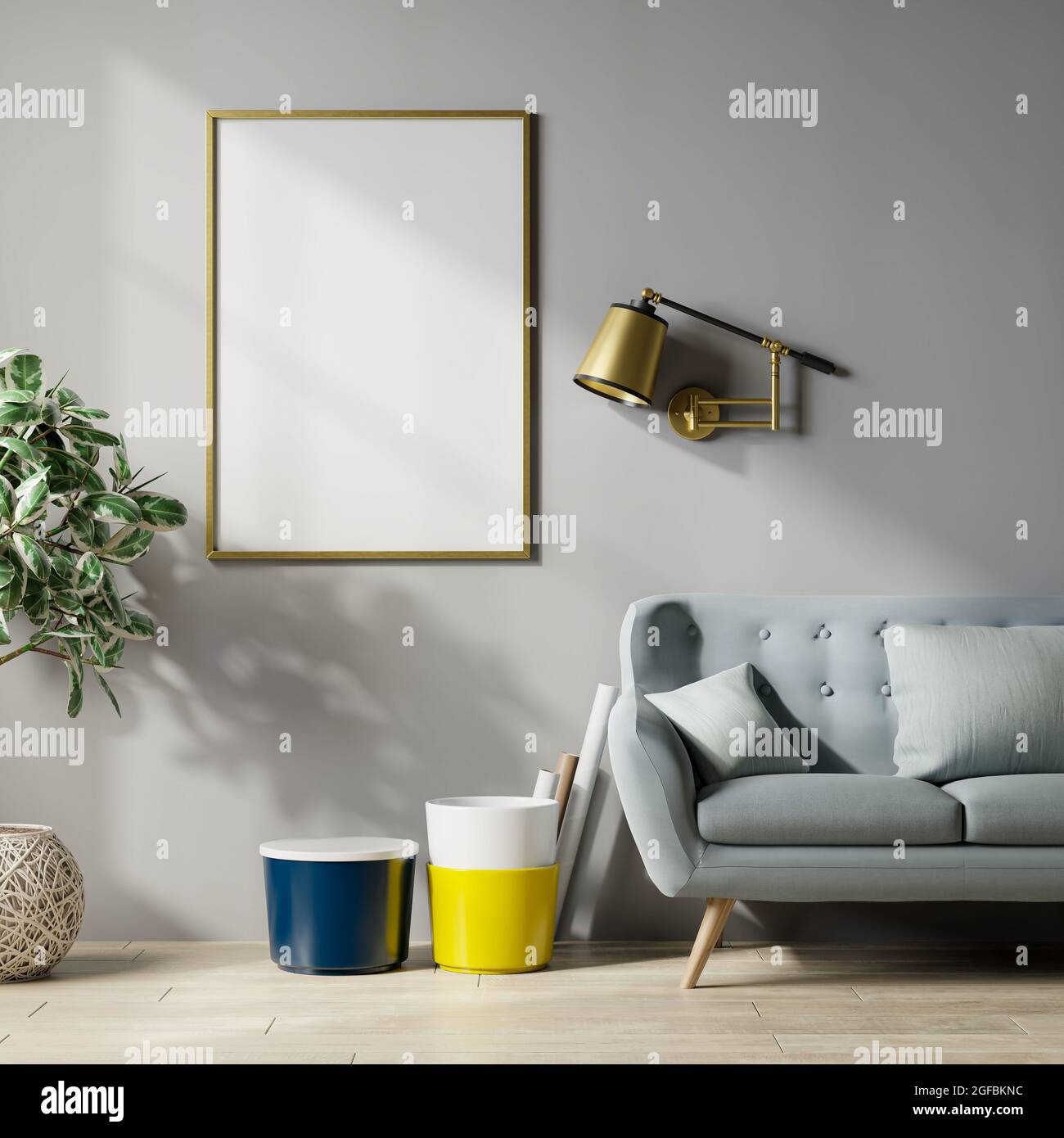 Cornice poster in mockup con sfondo moderno, parete grigia, rendering 3D Foto Stock