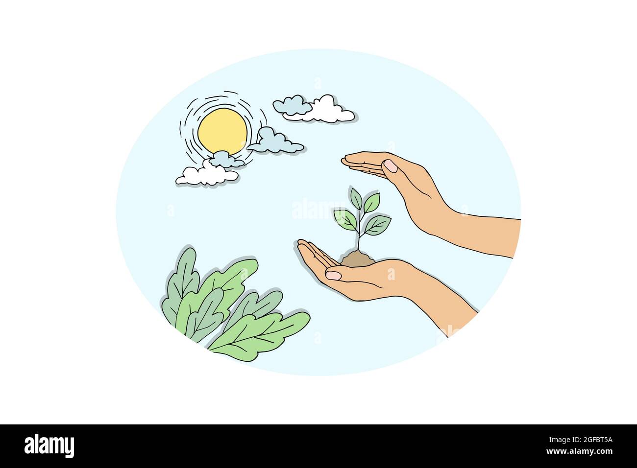 Eco cartoon mano cura pianta germoglio. Sicurezza ambientale tecnologia sostenibile energia rinnovabile. Protezione della natura problema pianeta carta disegno taglio Illustrazione Vettoriale