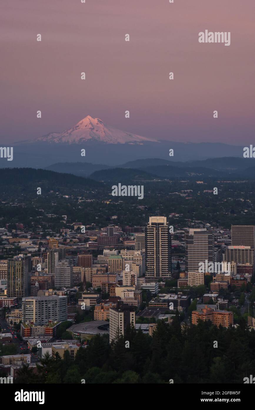 Monte Hood al tramonto sul paesaggio urbano del centro di Portland, Oregon Foto Stock