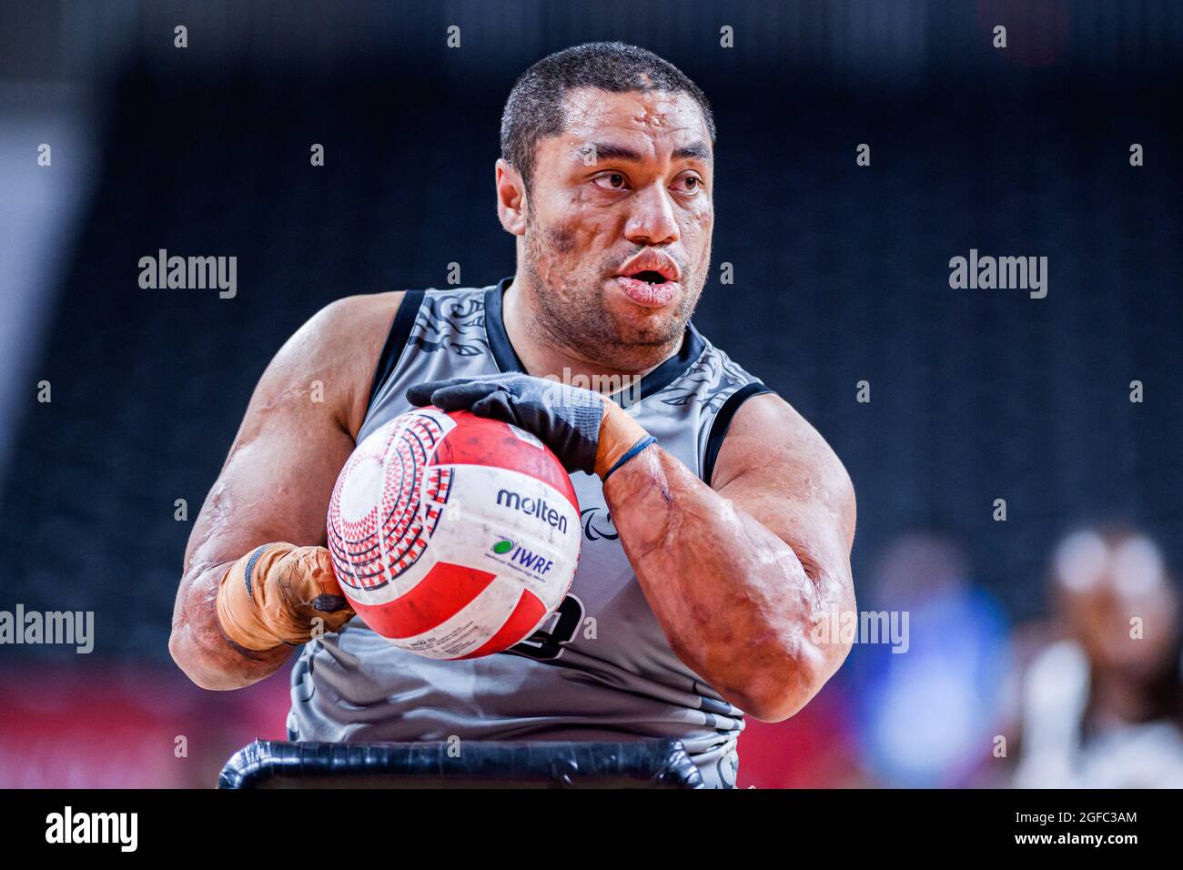 TOKYO, GIAPPONE. 25 ago 2021. Barney Koneferenishi (NZL) in Men's Wheelchair Basketball USA vs NZL durante i Giochi Paralimpici di Tokyo 2020 allo Yoyogi National Stadium mercoledì 25 agosto 2021 a TOKYO, GIAPPONE. Credit: Taka G Wu/Alamy Live News Foto Stock