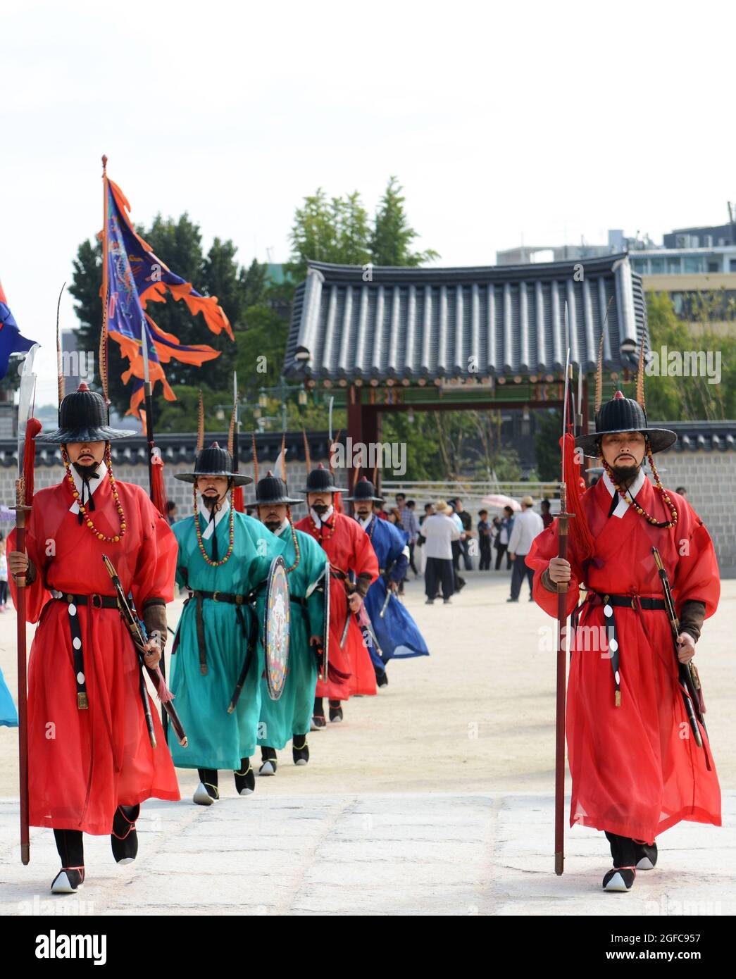 Cerimonia di sostituzione della Guardia reale del Palazzo Gyeongbokgung. Seul, Corea del Sud. Foto Stock