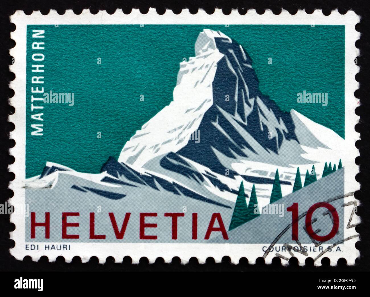 SVIZZERA - CIRCA 1965: Un francobollo stampato in Svizzera mostra Cervino, montagna nelle Alpi Pennine, circa 1965 Foto Stock