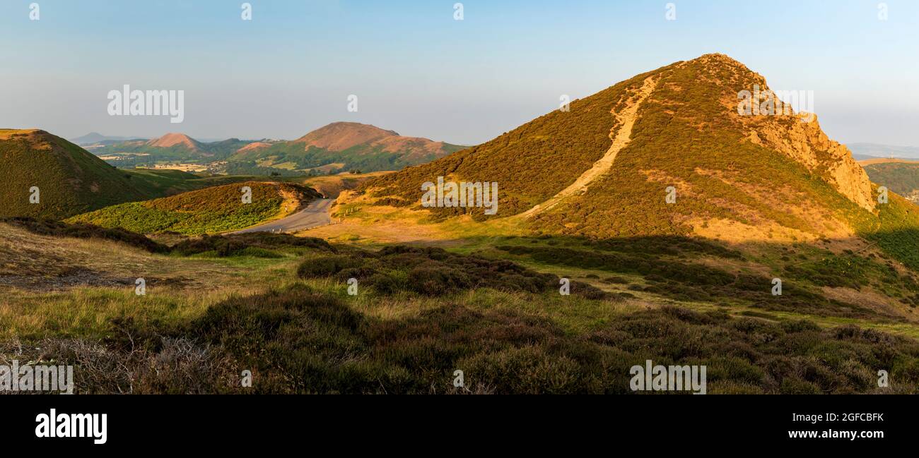 Serata di luglio lungo la Long Mynd Burway Hill con lawley e Wrekin che si estendono in lontananza Shropshire Hills, West Midlands Foto Stock