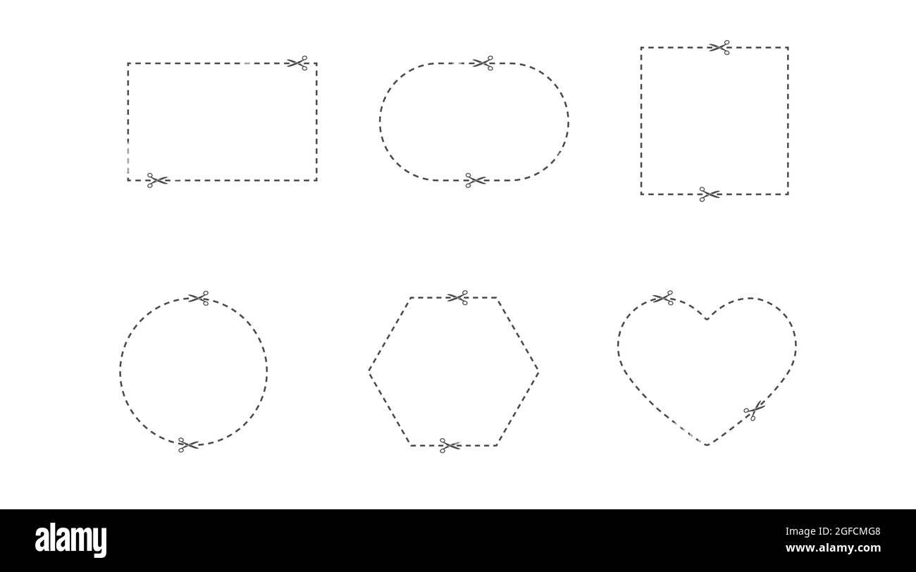 set di linee di taglio di forme diverse. Un campo per il taglio con forbici lungo la linea. Tagliare il buono. Stile piatto Illustrazione Vettoriale