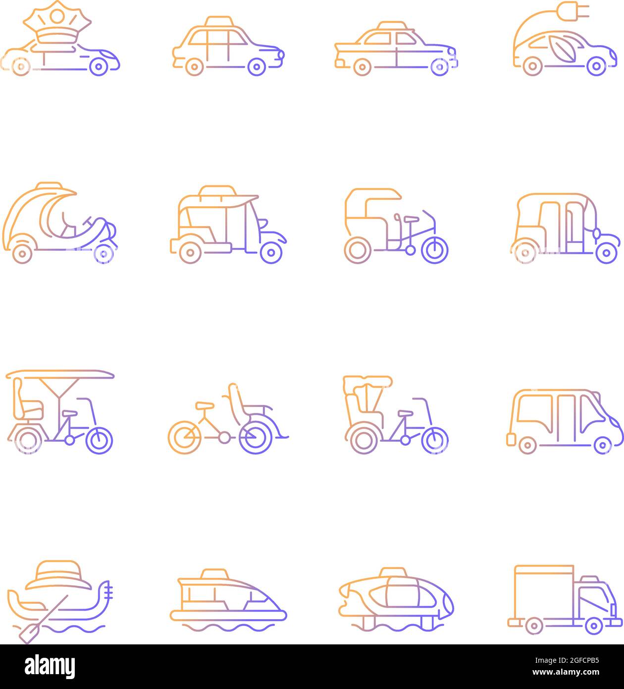 Tipi di taxi Set di icone vettoriali lineari gradienti Illustrazione Vettoriale