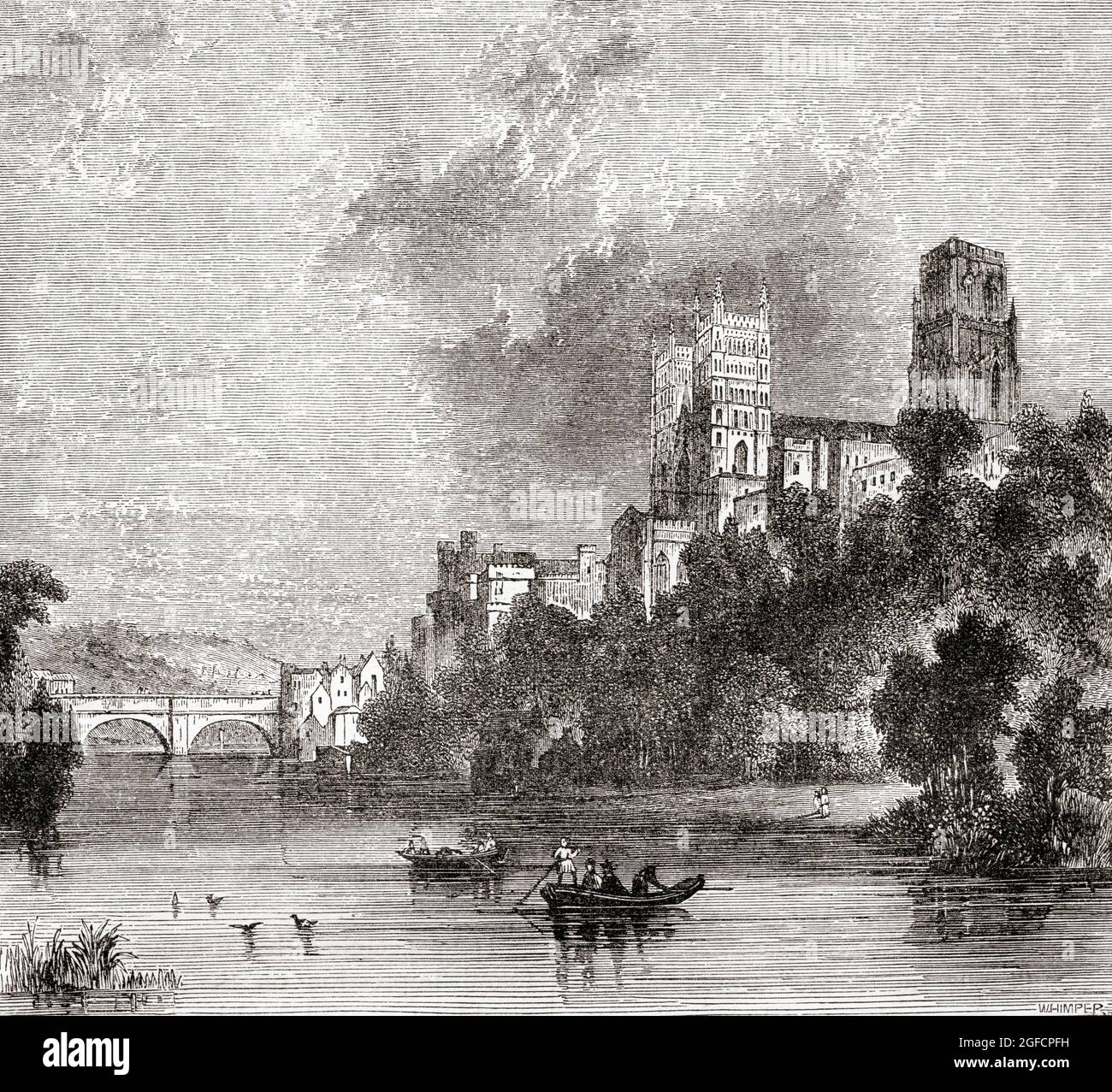 Vista di Durham e della Cattedrale, vista dal fiume Wear, Durham, Inghilterra, visto qui nel 19 ° secolo. Dall'Inghilterra pittoresca i suoi punti di riferimento e i suoi luoghi storici, pubblicato, 1891 Foto Stock