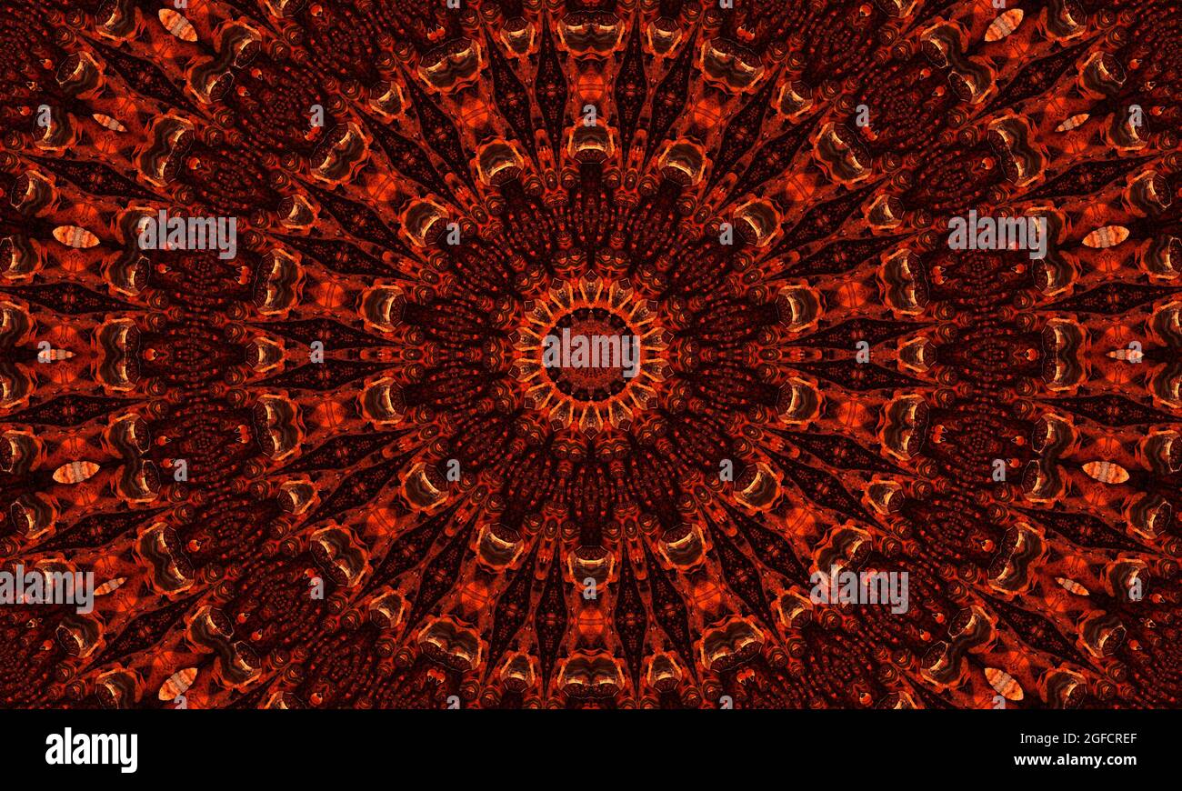 Caleidoscopio allo zenzero. Carta da parati groovy. Zenzero ripetere Batik. Colore geometrico nero. Orrore psichedelico mistico. Rug geometrico bianco. Wa Mystic senza giunture Foto Stock