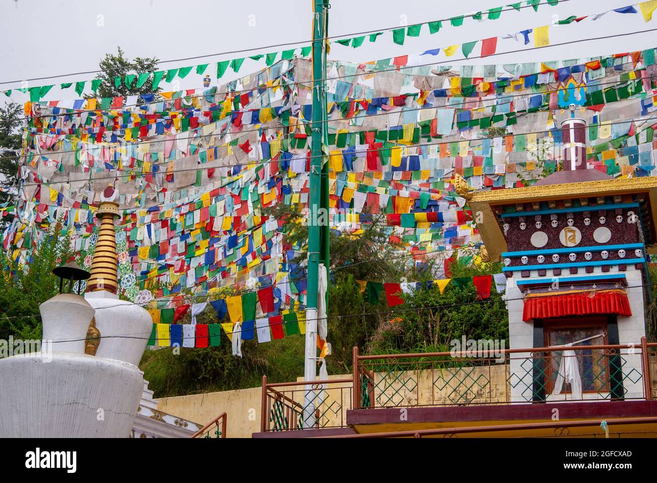 Bandiere di preghiera tibetane al tempio di Dalai lama, Dharamsala, Himachal Pradesh, India Foto Stock