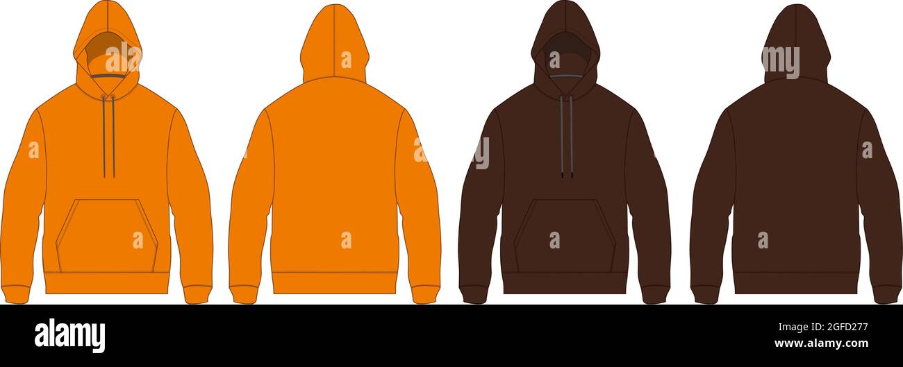 Hoodie Technical fashion modello di illustrazione vettoriale dello schizzo piatto viste frontale e posteriore. Colore arancione e caffè mack up isolato su sfondo bianco. Illustrazione Vettoriale