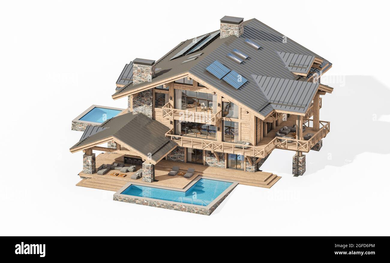 rendering 3d di chalet moderno e accogliente con piscina e parcheggio in vendita o in affitto. Colonne di travi in legno massiccio. Giorno estivo limpido e soleggiato. Isolato su bianco Foto Stock