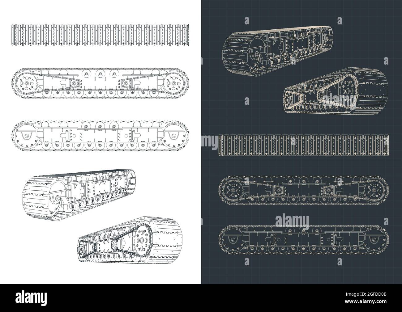 Illustrazione vettoriale stilizzata di progetti di pista continua da una grande gru cingolata Illustrazione Vettoriale