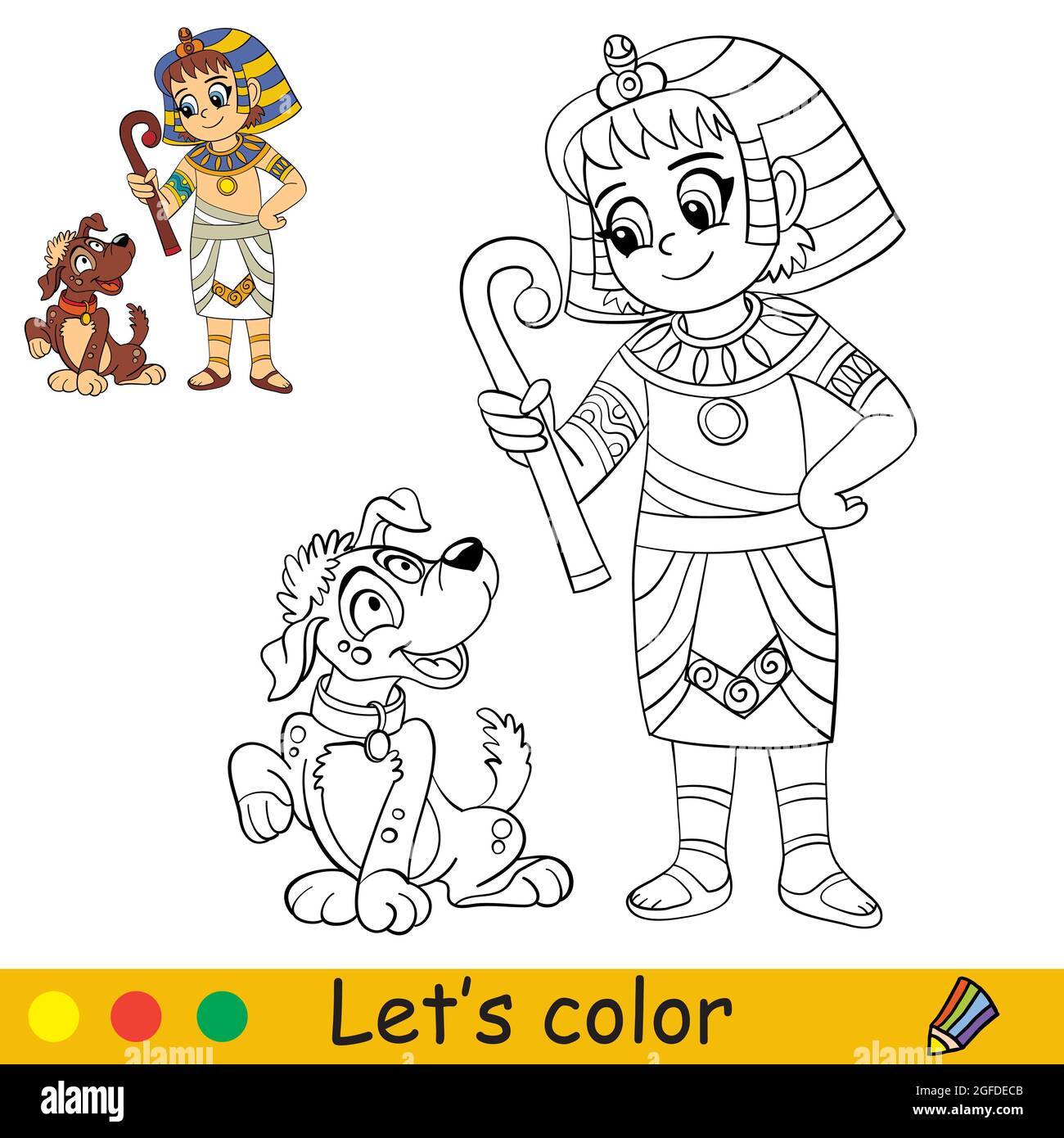 Bambino divertente in costume egiziano con cane. Concetto di Halloween.  Pagina libro da colorare per bambini con modello colorato. Illustrazione di  un cartoon vettoriale. F Immagine e Vettoriale - Alamy