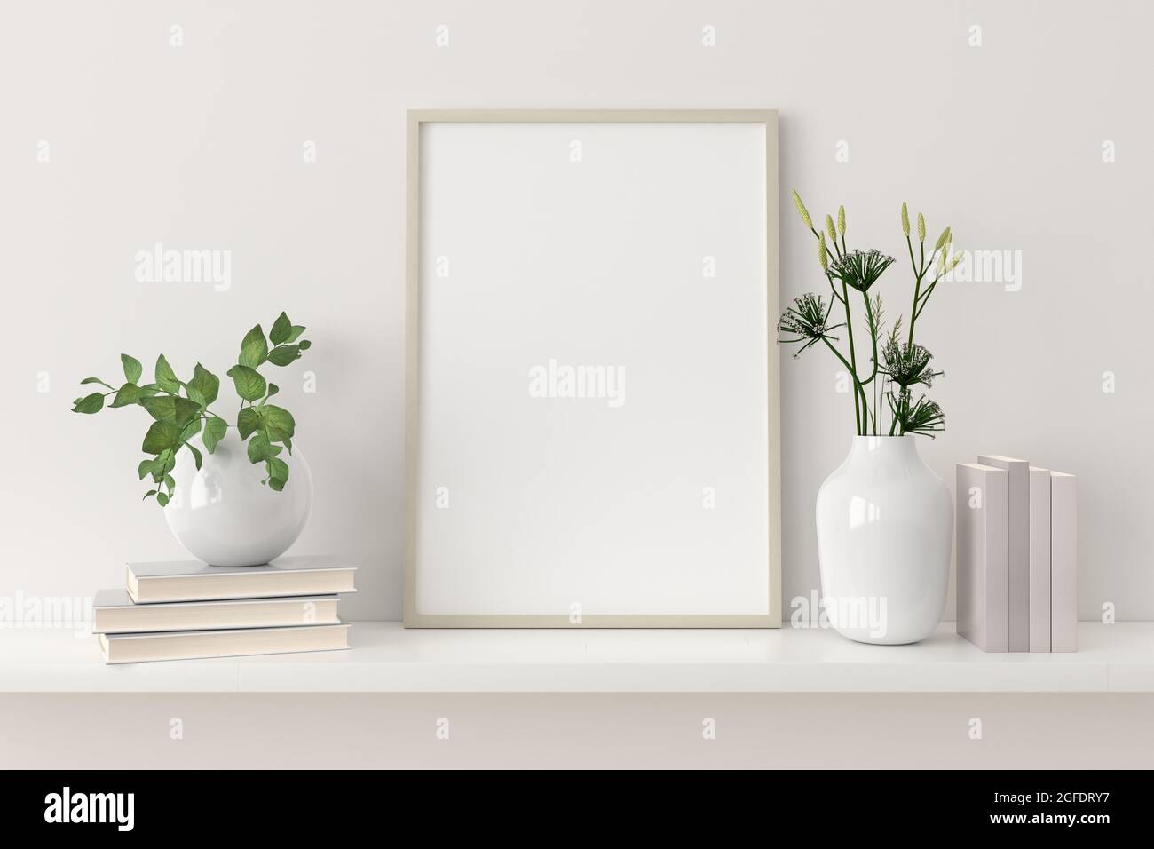 Immagine vuota mockup cornice su uno scaffale con libri e piante in vasi di porcellana. Foto Stock