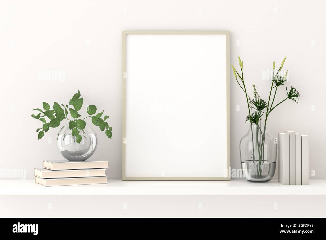 Cornice vuota mockup su scaffale con libri e piante in vasi di vetro Foto  stock - Alamy