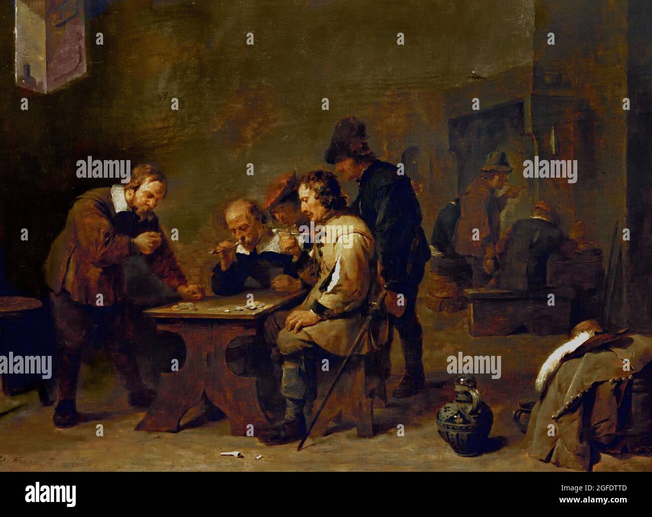 I giocatori, David Teniers (II), 1640 olio su pannello 45,2 cm x 59,1 cm Belgio Fiammingo due uomini della classe media e un ufficiale sono assorbiti nel loro gioco. Due contadini guardano sopra. L'uomo in piedi a sinistra sta per lanciare i dadi. I giochi d'azzardo, i soldi coinvolti, sono stati denunciati dal pulpito. Eppure qui Teniers no sta semplicemente registrando la scena. Foto Stock