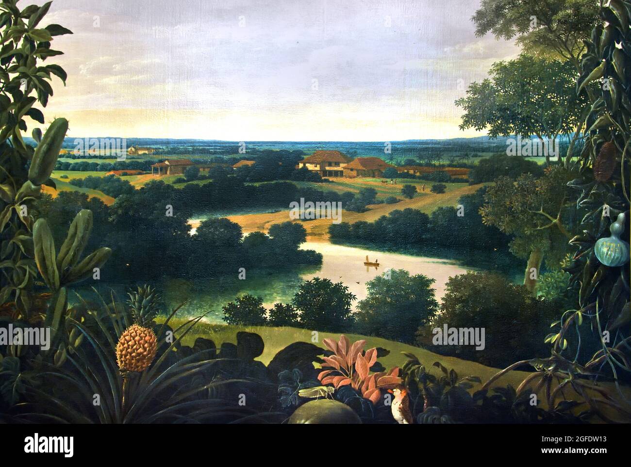 Paesaggio in Brasile, Frans Jansz Post, 1652 olio su tela, 282 x 210, olandese, i Paesi Bassi , ( dal 1630 la Compagnia olandese dell'India Occidentale (WIC) conquista parti del Brasile ed espugna i portoghesi che vi si trovano. Il nemico di Foiling è un compito principale di questa società commerciale, e il Portogallo appartiene alla Spagna in questo periodo. I Paesi Bassi assumono la remunerativa produzione di zucchero. Lo zucchero è coltivato sulle piantagioni, come quello in questo dipinto. Gli africani schiavi vi lavorano in condizioni miserabili. Ciò che viene presentato come un idillio per gli olandesi, è in realtà una realtà infernale per loro. ) Foto Stock