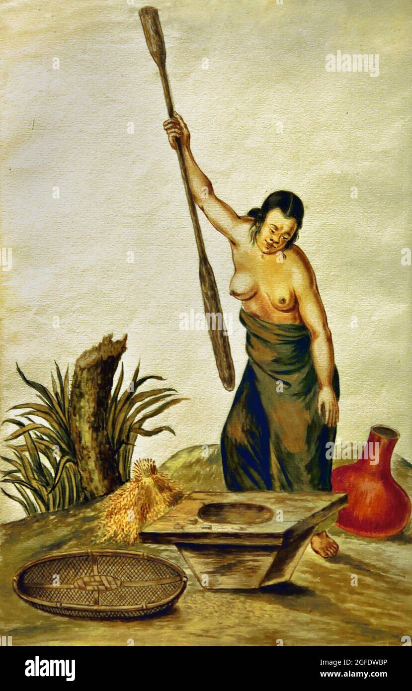Donna con pestello di riso, blocco di riso, setaccio e brocca, Indonesia, pittore anonimo disegnato da: Andries Beeckman 1675 - 1725 carta acquerello olandese Olanda. Foto Stock
