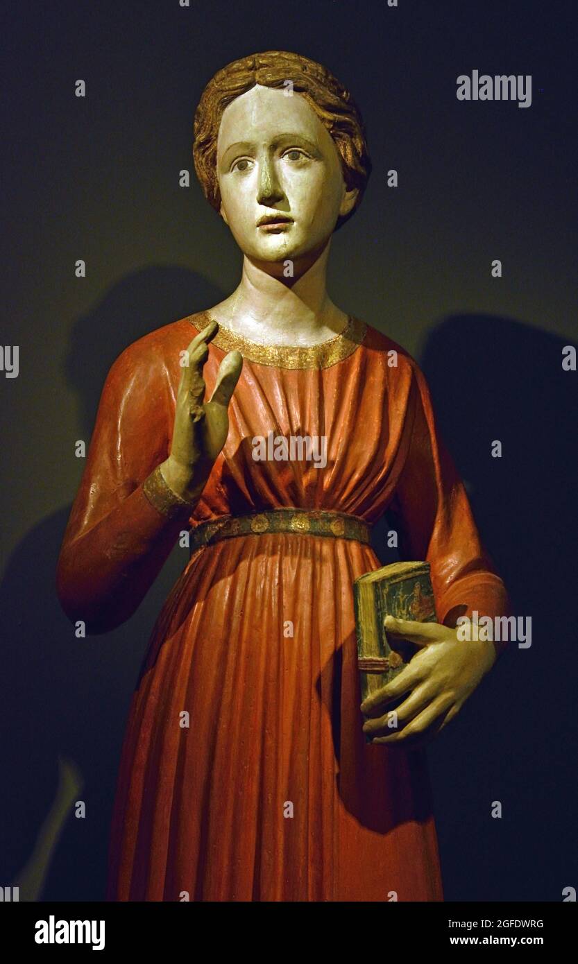 L'Annunciazione a Maria, Francesco di Valdambrino 1423 Italia, italiano, (l'angelo Gabriele sta dicendo alla Vergine che concepirà un bambino. Questo gruppo di figure fu fatto a fianco dell'altare maggiore della chiesa di San Francesco a Pienza (Toscana). Foto Stock