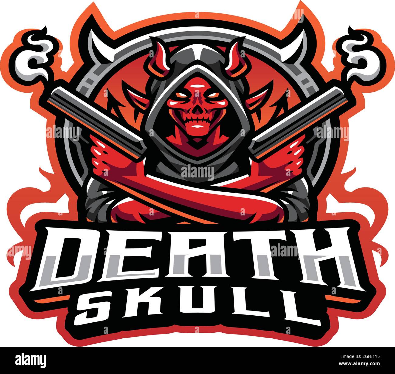 Death cranio gunner esport gioco nuovo vettore logo mascotte Illustrazione Vettoriale