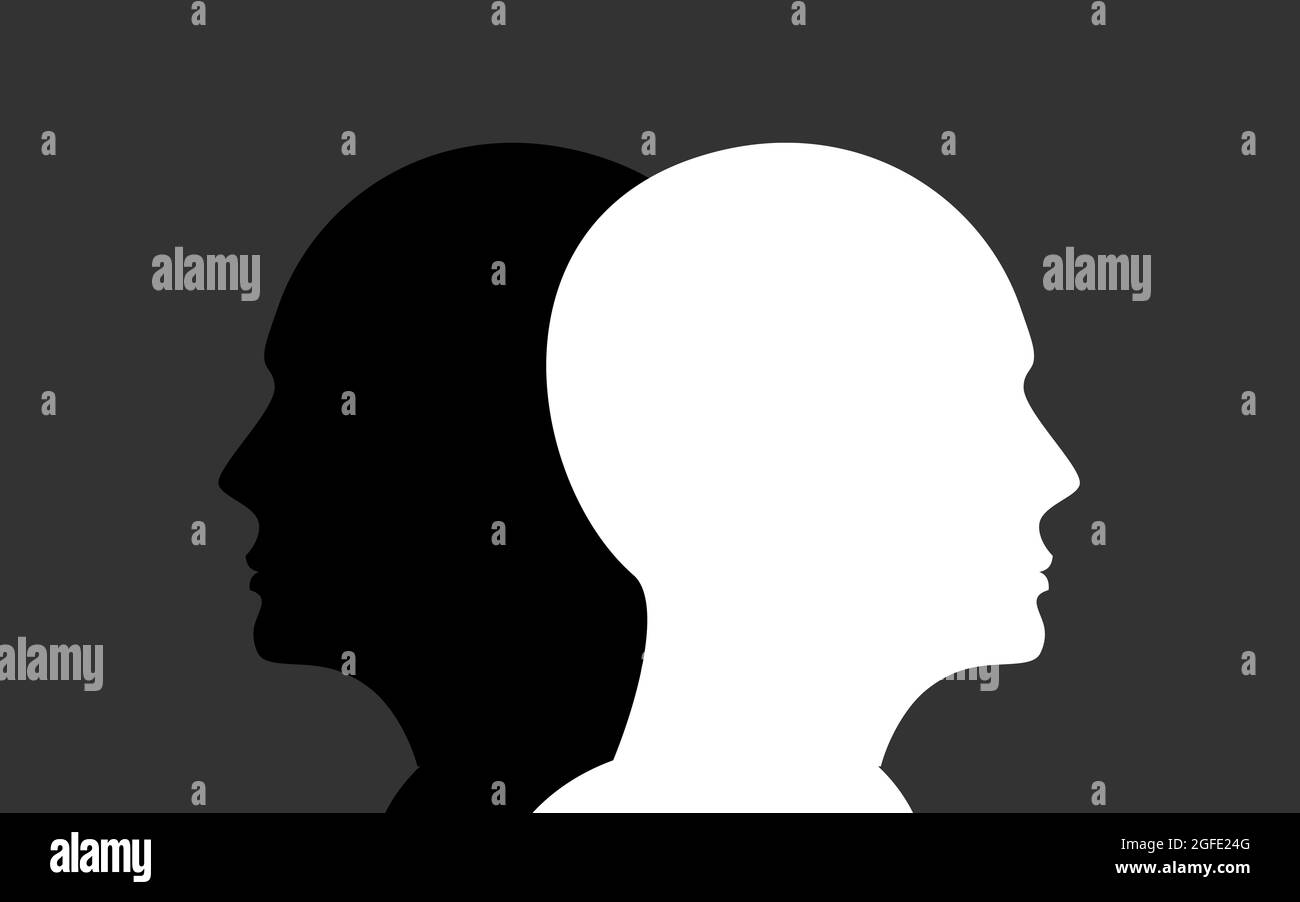 Teste umane unite in bianco e nero . Teste combinate su sfondo grigio. Salute mentale e concetto reciproco Foto Stock
