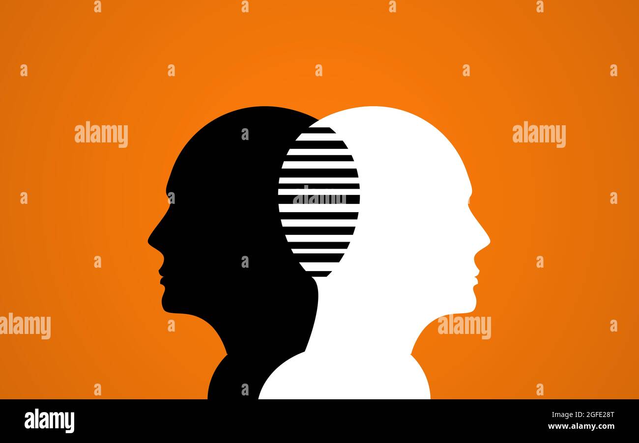 Due teste unite da strisce. Testa umana bianca e nera silhouette su sfondo arancione, salute mentale creativa coscritto idea Foto Stock