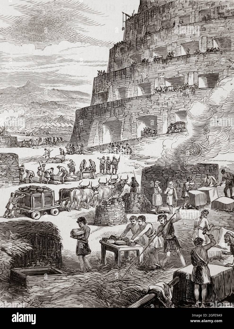 Illustrazione della costruzione della Torre di Babele Genesis11:1-9 Antico Testamento Foto Stock