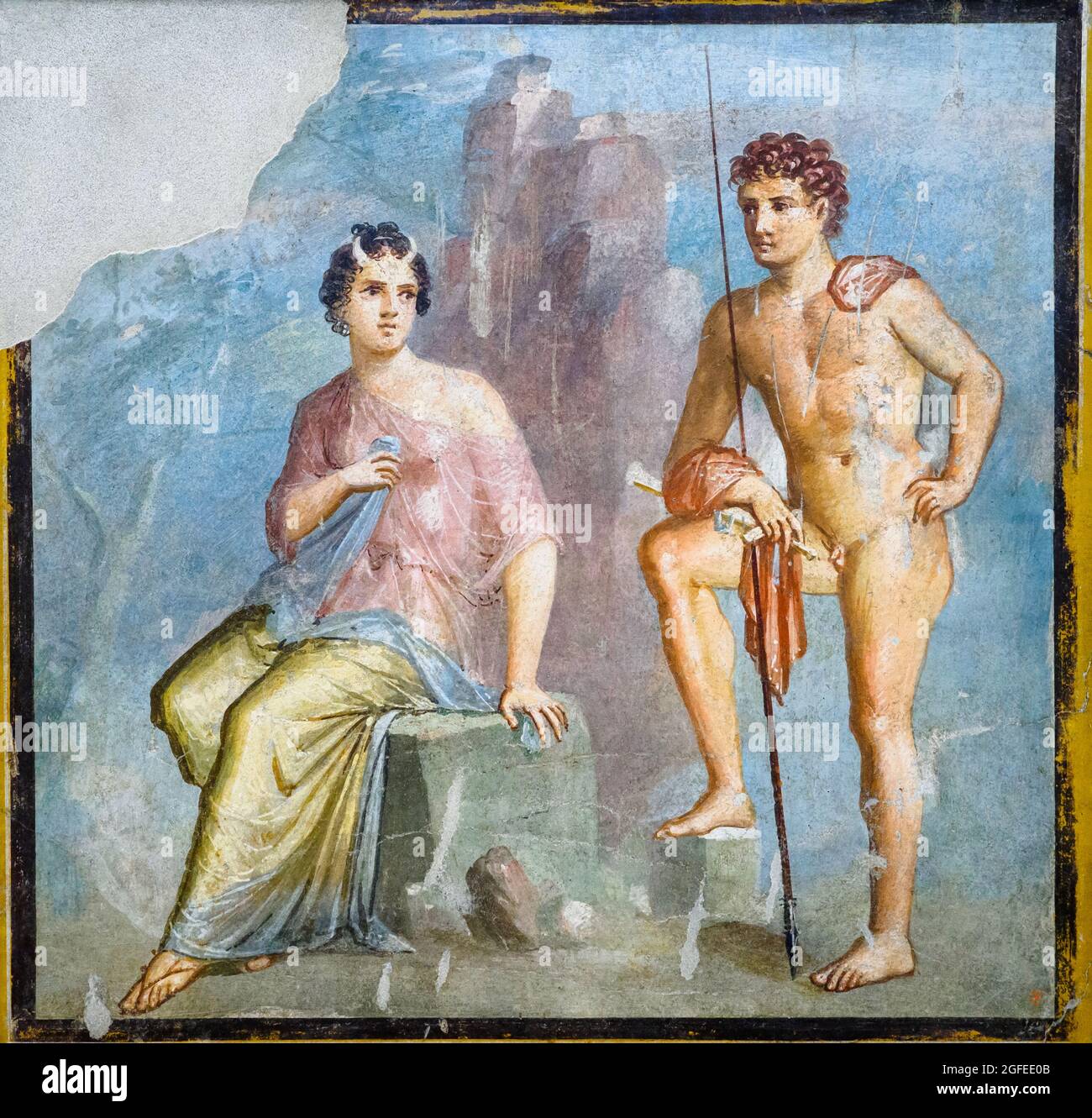 Io e Argos Io, identificabili dalle corna bovine, sono tenuti sotto sorveglianza da Argos per impedire a Zeus di sedurla, come richiesto da Hera fresco Pompei, Casa del Meleagro (Casa di Meleagro) 63-79 d.C. Foto Stock